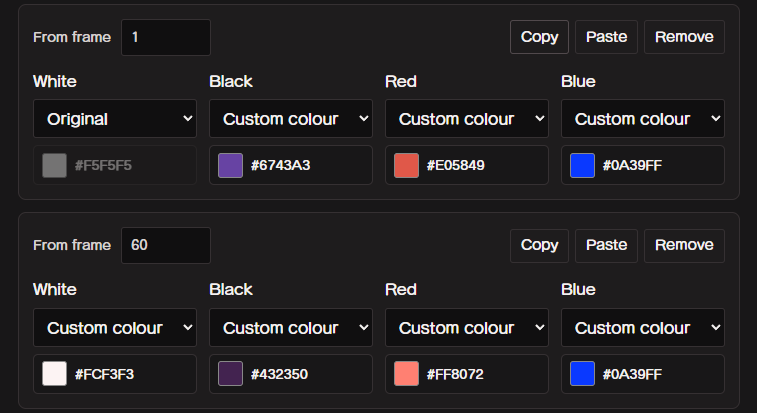 Two colour-change blocks with Copy and Paste buttons and different starting frame numbers