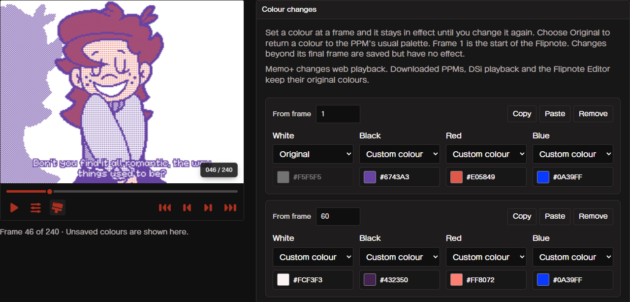 RexiMemo's Memo+ editor, with the player preview beside a saved colour change